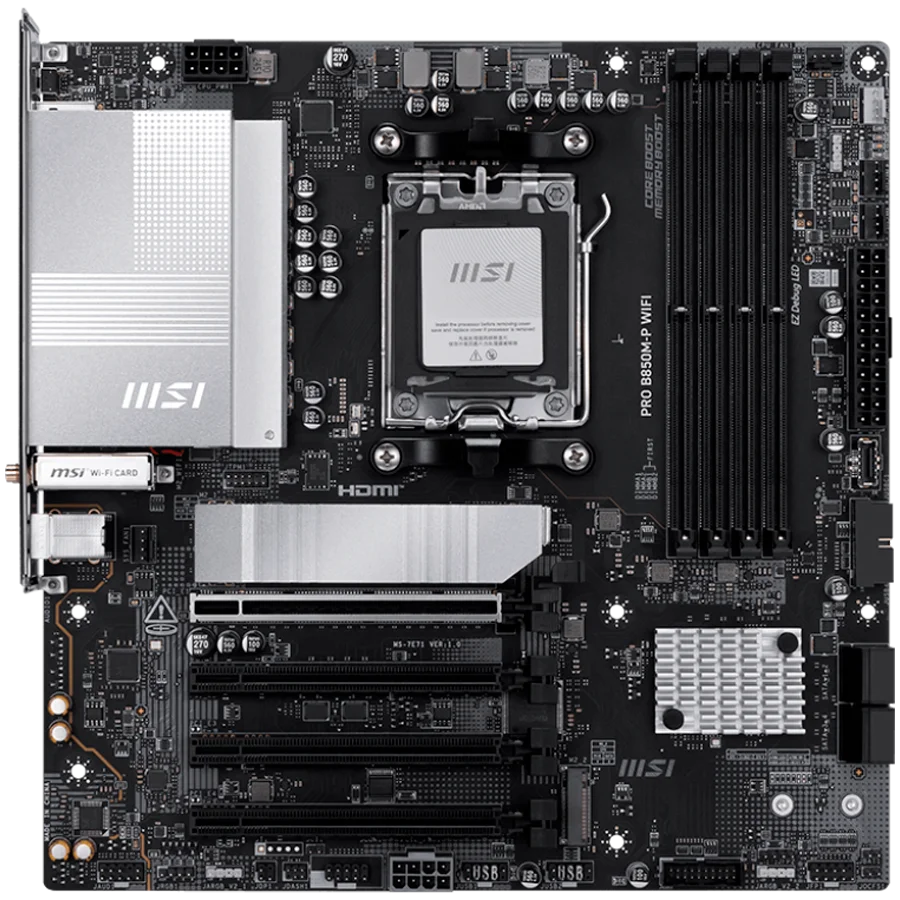 MSI PRO B850M-P WIFI, mATX, Socket AM5, 4x DDR5 Dual Channel DDR5 up to 8200(OC)MHz, 4x PCIe x16 slot, 3x M.2 slot, 4x USB 2.0, 2x USB 5Gbps, 1x USB 10Gbps, 1x USB 10Gbps Type-C, DP, 7.1 HD Audio, 5G LAN, WiFI 7, BT, 3Y