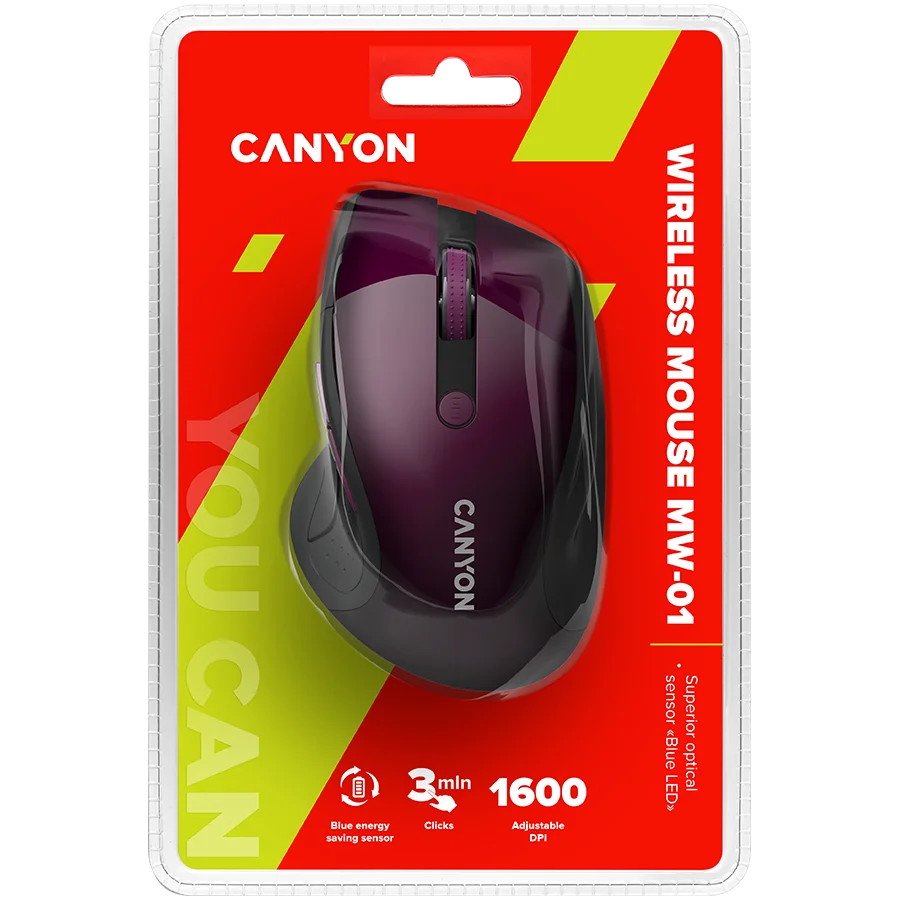 CANYON 2.4Ghz wireless mouse, optical tracking - blue LED, 6 buttons, DPI 1000/1200/1600, Purple pearl glossy
