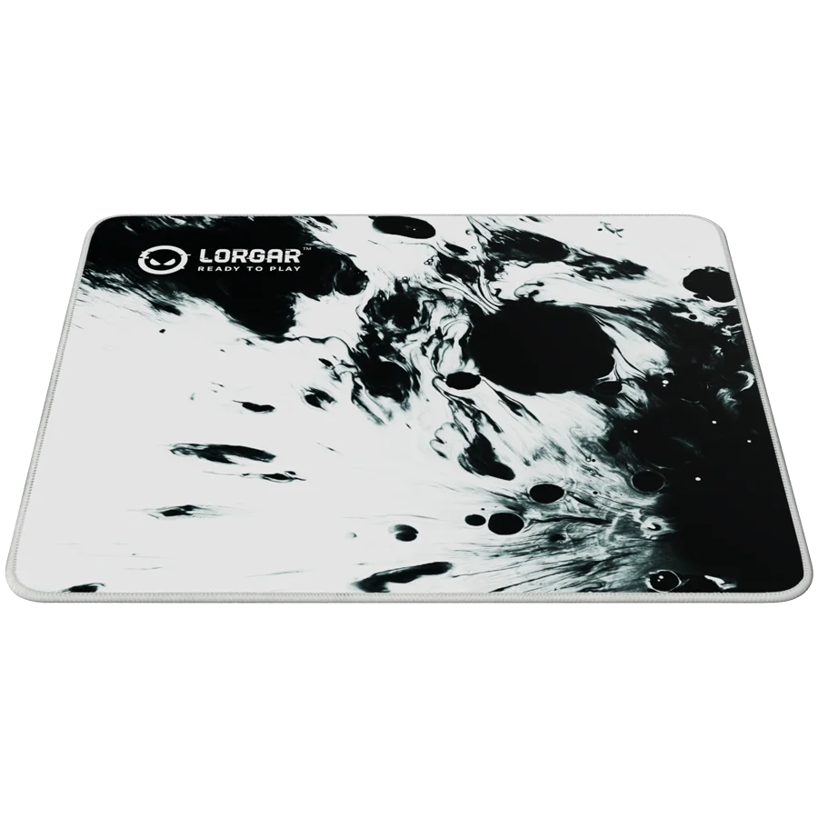 full print white and black design, bottom is black rubber with embossed LORGAR logo with double side edge stitching