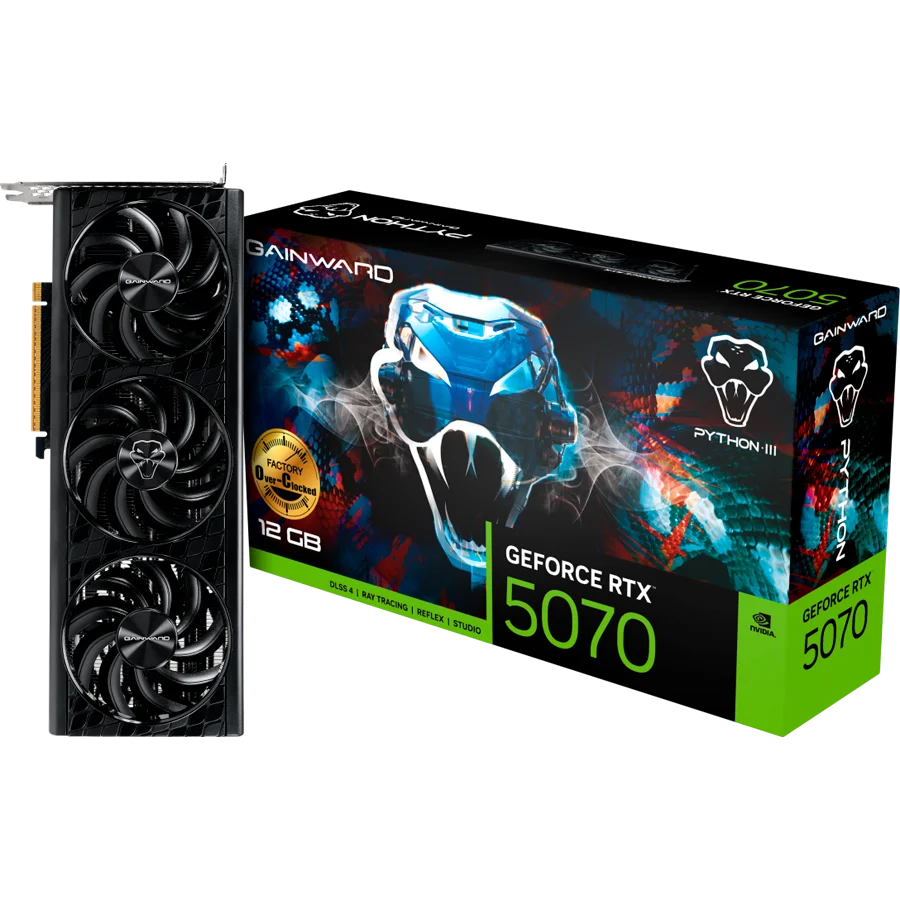 Gainward GeForce RTX 5070 Python III OC 12GB GDDR7 192 bit, 1x HDMI 2.1b, 3x DP 2.1b, 3 Fan, 1x 16-pin pwr connector, 650W, board size 291.9 x 116.6 x 41.3 mm, NE75070S19K9-GB2050T