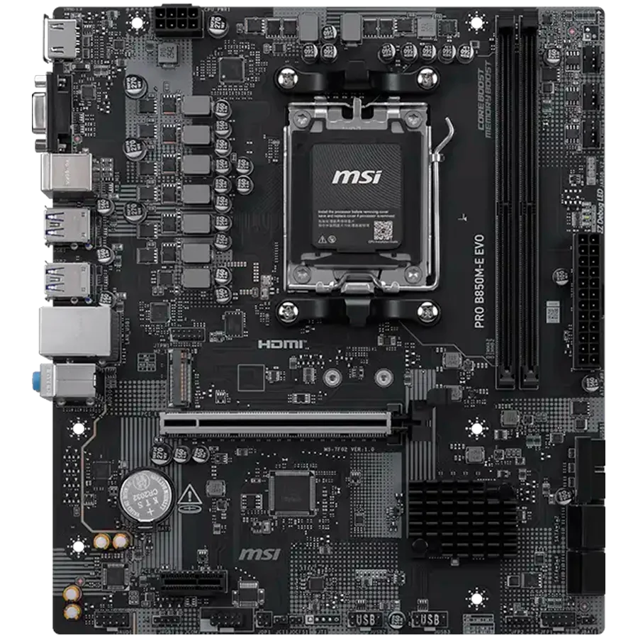 MSI PRO B850M-E EVO, mATX, Socket AM5, 2x DDR5 Dual Channel up to 8200(OC)MHz, 1x PCIe x16 slot, 1x M.2 slot, 4x USB 5Gbps, 2x USB 2.0, HDMI, VGA, 7.1 HD Audio, 2.5G LAN, 3Y MSI PRO B850M-E EVO, mATX, Socket AM5, 2x DDR5 Dual Channel up to 8200(OC)MHz, 1x PCIe x16 slot, 1x M.2 slot, 4x USB 5Gbps, 2x USB 2.0, HDMI, VGA, 7.1 HD Audio, 2.5G LAN, 3Y