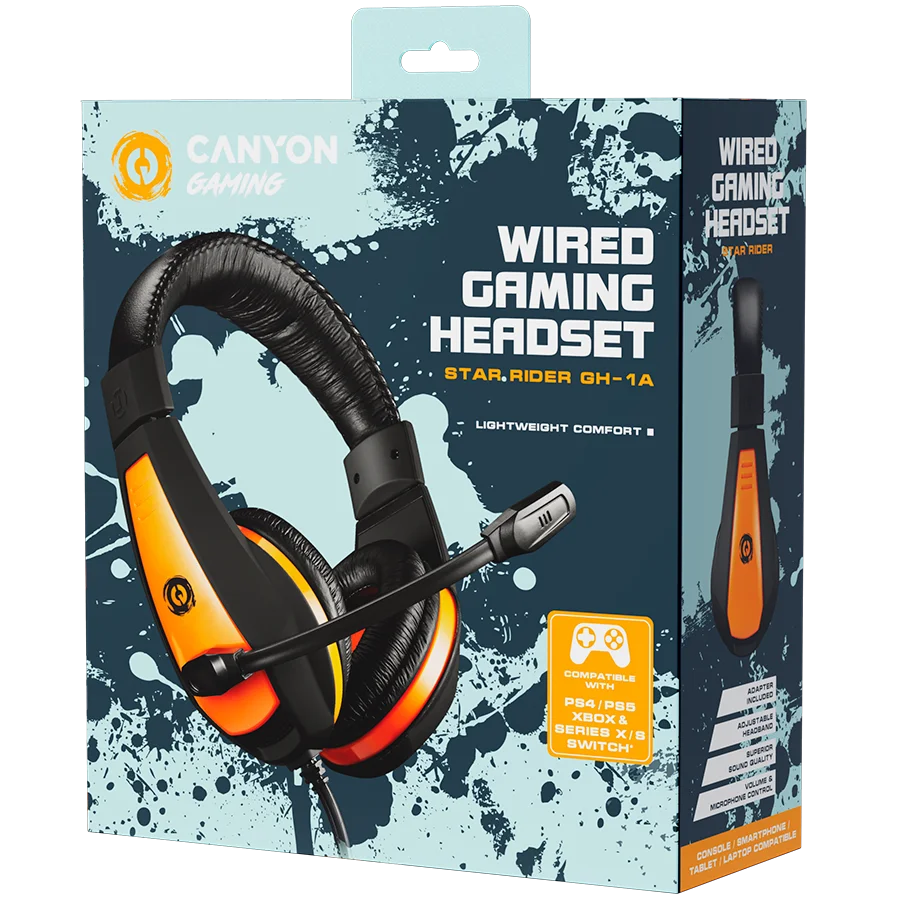 CANYON Star Raider GH-1A, Gaming headset 3.5mm jack with adjustable microphone and volume control, with 2in1 3.5mm adapter, cable 2M, Black, 0.23kg CANYON Star Raider GH-1A, Gaming headset 3.5mm jack with adjustable microphone and volume control, with 2in1 3.5mm adapter, cable 2M, Black, 0.23kg