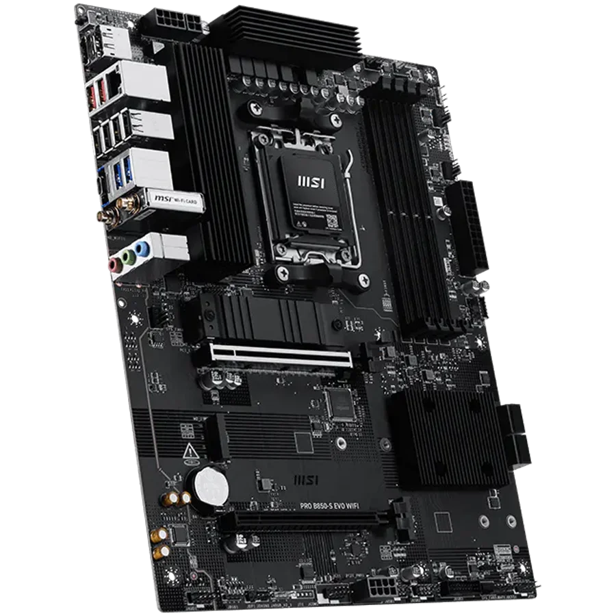 MSI PRO B850-S EVO WIFI, ATX, Socket AM5, 4x DDR5 Dual Channel up to 8200(OC)MHz, 2x PCIe x16 slot, 3x M.2 slot, 4x USB 2.0, 2x USB 5Gbps, 2x USB 10Gbps, 1x USB 10Gbps Type-C, HDMI, DP, 7.1 HD Audio, 5G LAN, WiFI 7, BT, 3Y