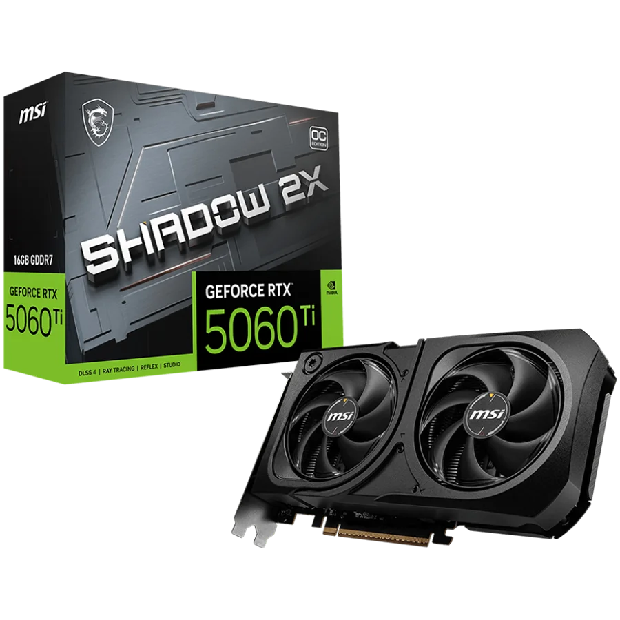 MSI Video Card NVIDIA GeForce RTX 5060 Ti 16G SHADOW 2X OC PLUS, 16GB GDDR7, 128-bit, 2602 MHz Boost, 4608 CUDA Cores, PCIe 5.0 (x8), 3x DP 2.1b, HDMI 2.1b, RAY TRACING, Dual Fan, 180W TDP, 8-pin PCIe Power, G-SYNC, 2-Slot, 3Y