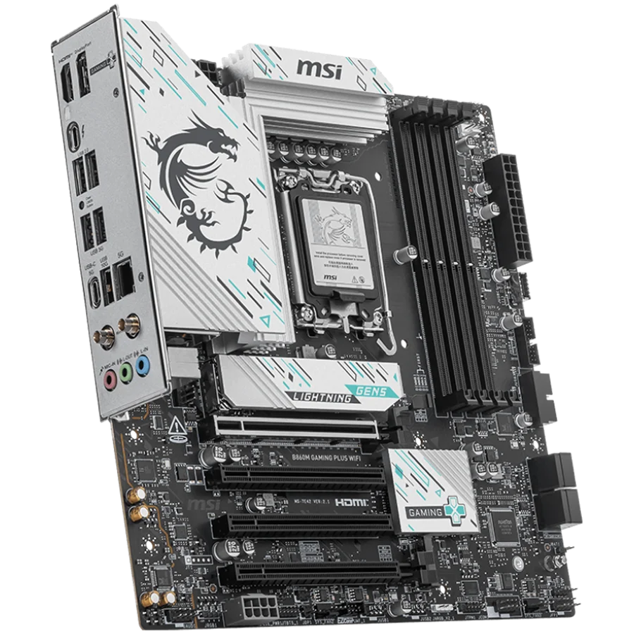 MSI PRO B860M GAMING PLUS WIFI, mATX, LGA 1851, 4x DDR5 Dual Channel DDR5 up to 8600(OC)MHz, 4x PCIe x16 slot, 3x M.2 slot, 2x USB 2.0, 2x USB 5Gbps, 1x USB 10Gbps, 1x USB 5Gbps Type-C, HDMI, DP, 7.1 HD Audio, 5G LAN, WiFi, BT, 3Y MSI PRO B860M GAMING PLUS WIFI, mATX, LGA 1851, 4x DDR5 Dual Channel DDR5 up to 8600(OC)MHz, 4x PCIe x16 slot, 3x M.2 slot, 2x USB 2.0, 2x USB 5Gbps, 1x USB 10Gbps, 1x USB 5Gbps Type-C, HDMI, DP, 7.1 HD Audio, 5G LAN, WiFi, BT, 3Y