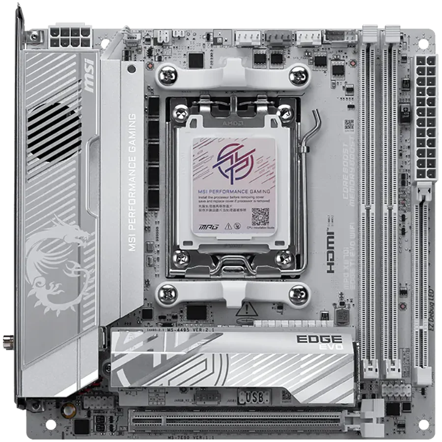 MSI MPG X870I EDGE TI EVO WIFI, mITX, Socket AM5, Dual Channel DDR5 10000+MHz (OC), 1x PCIe x16 slot, 3x M.2 slot, 1x HDMI, 5x USB 3.2 Gen 2, 1x USB 3.2 Gen 2 Type C, 2x USB 40Gbps Type C, Expansion Card, 7.1 HD Audio, 5Gbps LAN, WIFI 7, BT, 3Y