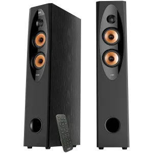 F&D T-60X PRO 2.0 Floorstanding Speakers, 120W RMS ( 60Wx2), 1'' Tweeter + 4'' Speakers x2 + 8'' Subwoofer for each channel, BT 5.3/Optical/COAXIAL/AUX/USB/Karaoke function/LED Display/Remote control/Microphone/Wooden, Touch buttons, Black