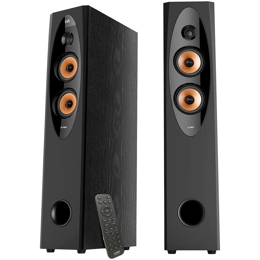 F&D T-60X PRO 2.0 Floorstanding Speakers, 120W RMS ( 60Wx2), 1'' Tweeter + 4'' Speakers x2 + 8'' Subwoofer for each channel, BT 5.3/Optical/COAXIAL/AUX/USB/Karaoke function/LED Display/Remote control/Microphone/Wooden, Touch buttons, Black