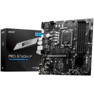 MSI PRO B760M-P, mATX, LGA 1700, Dual Channel DDR5 6800, 1x PCIe x16 slots, 2x M.2 slots, 1x HDMI, 1x DP, 1x VGA, 1x USB 3.2 Gen 2 Type-C, 1x USB 3.2 Gen 1, 4x USB 2.0, 7.1 HD Audio, 1Gbps LAN, 3Y