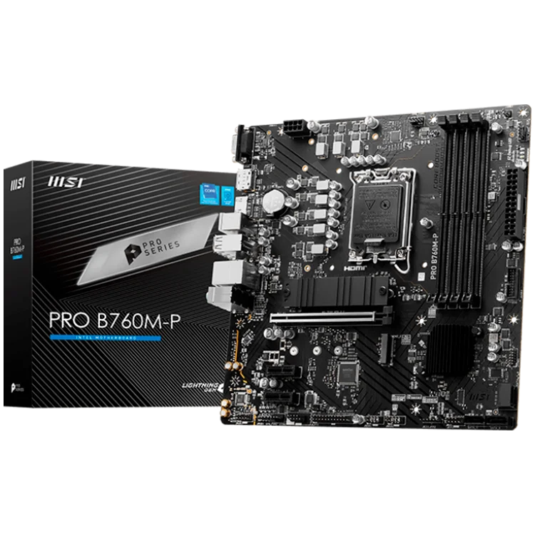 MSI PRO B760M-P, mATX, LGA 1700, Dual Channel DDR5 6800, 1x PCIe x16 slots, 2x M.2 slots, 1x HDMI, 1x DP, 1x VGA, 1x USB 3.2 Gen 2 Type-C, 1x USB 3.2 Gen 1, 4x USB 2.0, 7.1 HD Audio, 1Gbps LAN, 3Y MSI PRO B760M-P, mATX, LGA 1700, Dual Channel DDR5 6800, 1x PCIe x16 slots, 2x M.2 slots, 1x HDMI, 1x DP, 1x VGA, 1x USB 3.2 Gen 2 Type-C, 1x USB 3.2 Gen 1, 4x USB 2.0, 7.1 HD Audio, 1Gbps LAN, 3Y