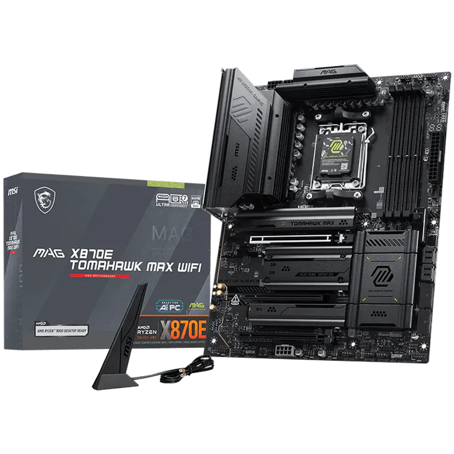MSI MAG X870E TOMAHAWK MAX WIFI, ATX, Socket AM5, 4x DDR5 Dual Channel DDR5 up to 8400(OC)MHz, 3x PCIe 3.0 x16 slot, 4x M.2 slot, 4x USB 2.0, 3x USB 5Gbps, 2x USB 10Gbps, 1x 10Gbps Type-C, 2x 40Gbps Type-C, HDMI, 7.1 HD Audio, 5G LAN, WiFI 7, BT, 3Y