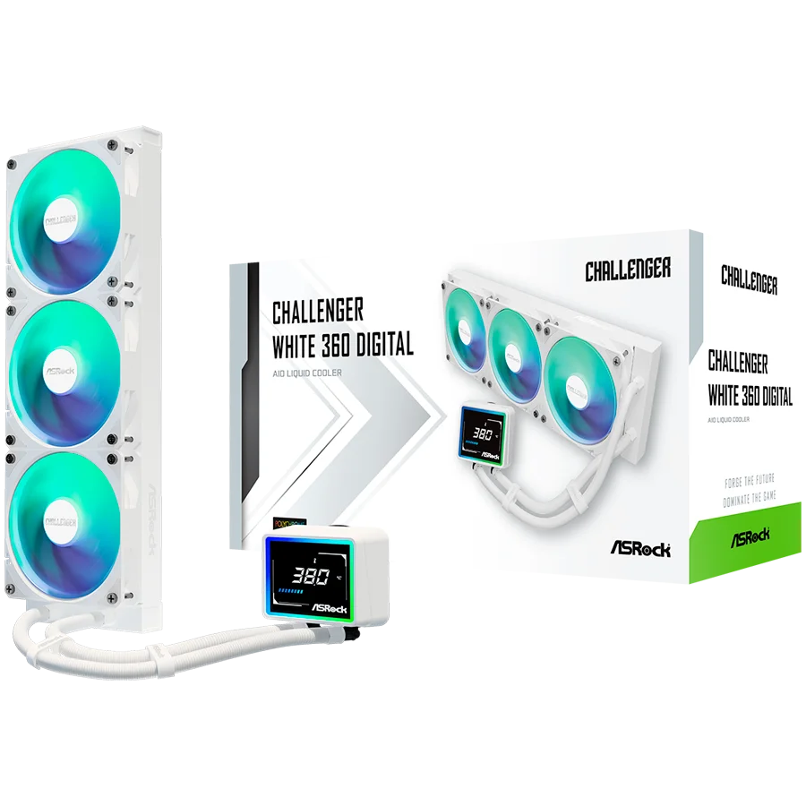 Asrock Challenger White 360 Digital, AiO liquid cooler, ARGB, Digital display, 360 mm radiator, AM5, AM4, LGA1851, LGA1700, 90-ACLA36-WAAGA6, White, 6Y
