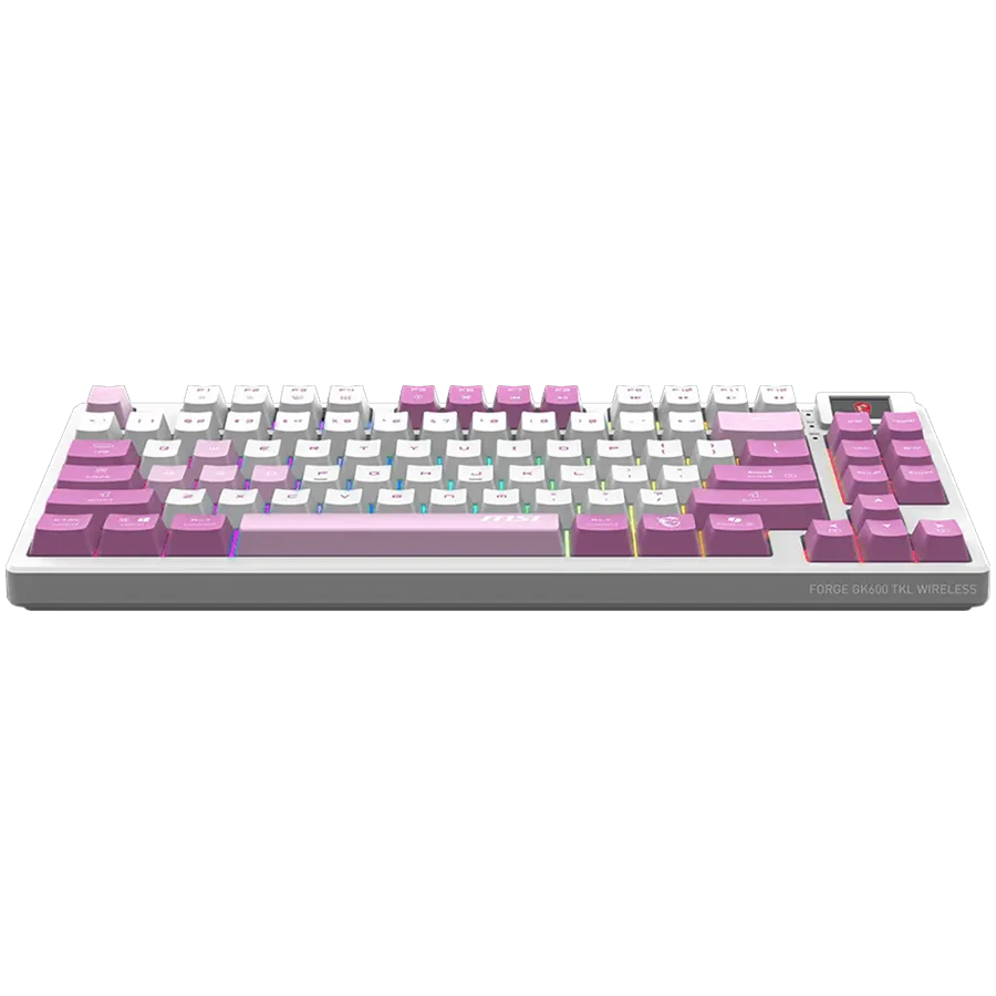 MSI FORGE GK600 TKL WIRELESS VIOLET - Hot-Swappable Mechanical Switches, PBT Keycaps, Sound-Dampening Foam and Gaskets, Integrated Display, RGB LED, 2.4GHz, BT, USB-C MSI FORGE GK600 TKL WIRELESS VIOLET - Hot-Swappable Mechanical Switches, PBT Keycaps, Sound-Dampening Foam and Gaskets, Integrated Display, RGB LED, 2.4GHz, BT, USB-C