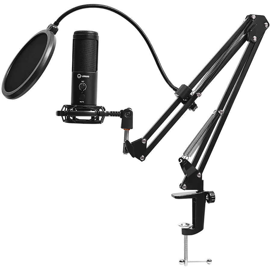 LORGAR Voicer 931, Gaming Microphone, Black, USB condenser microphone with boom arm stand, pop filter, tripod stand. including 1* microphone, 1*Boom Arm Stand with C-clamp, 1*shock mount, 1*pop filter, 1*windscreen cap, 1*2.5m type-C USB cable, 1* Extra t
