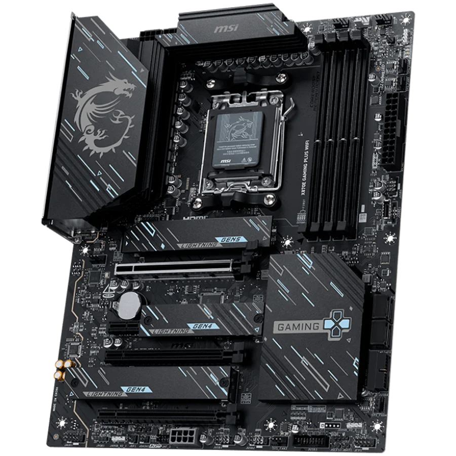 MSI X870E GAMING PLUS WIFI, ATX, Socket AM5, 4x DDR5 Dual Channel DDR5 up to 8200(OC)MHz, 3x PCIe x16 slot, 3x M.2 slot, 4x USB 2.0, 2x USB 5Gbps, 2x USB 10Gbps, 1x 20Gbps Type-C, 1x 40Gbps Type-C, HDMI, 7.1 HD Audio, 5G LAN, WiFI 7, BT, 3Y
