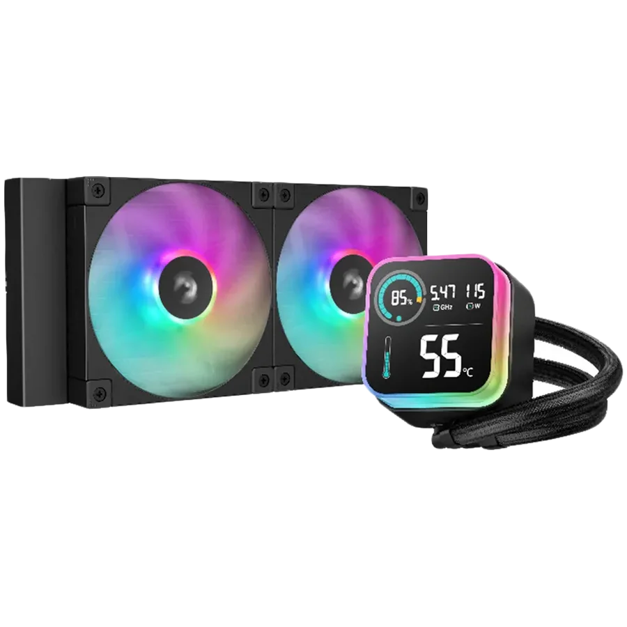 DeepCool LQ240, 240mm CPU Liquid Cooler, 2x120mm ARGB PWM Fans, LED Screen, Anti-Leak Technology, Black, LGA1851/1700/1200/1151/1150/1155, AMD AM5/AM4, 5Y, R-LQ240-BKLSMW-G-1