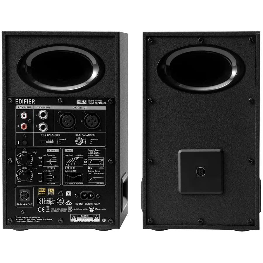 Edifier MR5 Active Studio Monitors (Tri-amped), BT V6.0, Balanced XLR, Balanced TRS, RCA and AUX, with headphone output, 5-inch woofers, 3.75-inch mid-range drivers, and 1-inch silk dome tweeters, 110W (RMS), Room Acoustic Compensation, Black