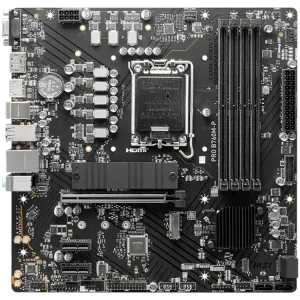 MSI PRO B760M-P, mATX, LGA 1700, Dual Channel DDR5 6800, 1x PCIe x16 slots, 2x M.2 slots, 1x HDMI, 1x DP, 1x VGA, 1x USB 3.2 Gen 2 Type-C, 1x USB 3.2 Gen 1, 4x USB 2.0, 7.1 HD Audio, 1Gbps LAN, 3Y