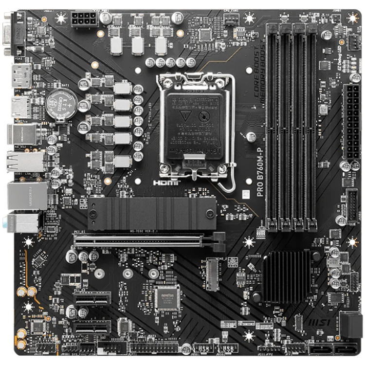 MSI PRO B760M-P, mATX, LGA 1700, Dual Channel DDR5 6800, 1x PCIe x16 slots, 2x M.2 slots, 1x HDMI, 1x DP, 1x VGA, 1x USB 3.2 Gen 2 Type-C, 1x USB 3.2 Gen 1, 4x USB 2.0, 7.1 HD Audio, 1Gbps LAN, 3Y MSI PRO B760M-P, mATX, LGA 1700, Dual Channel DDR5 6800, 1x PCIe x16 slots, 2x M.2 slots, 1x HDMI, 1x DP, 1x VGA, 1x USB 3.2 Gen 2 Type-C, 1x USB 3.2 Gen 1, 4x USB 2.0, 7.1 HD Audio, 1Gbps LAN, 3Y