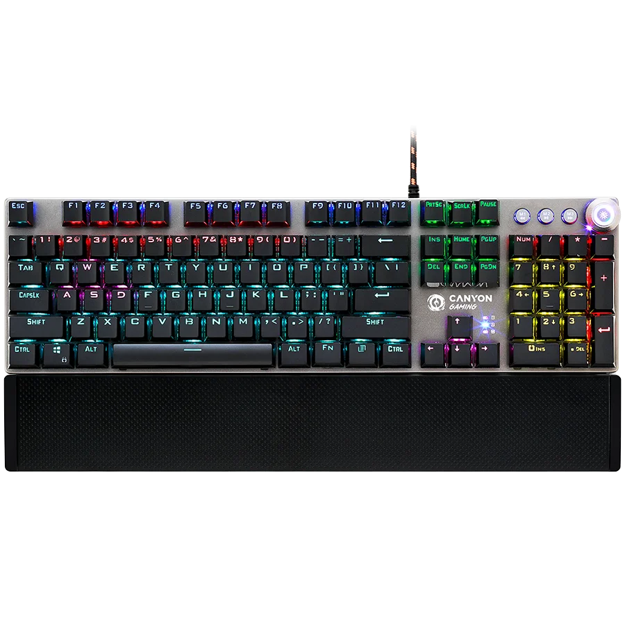 CANYON Nightfall GK-7, Wired Gaming Keyboard,Black 104 mechanical switches,60 million times key life, 22 types of lights,Removable magnetic wrist rest,4 Multifunctional control knob,Trigger actuation 1.5mm,1.6m Braided cable,US layout,dark grey, size:435*