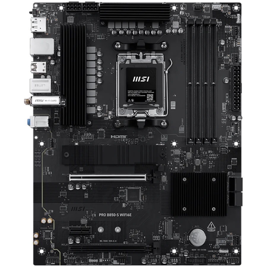 MSI PRO B850-S WIFI6E, ATX, Socket AM5, 4x DDR5 Dual Channel  up to 8200(OC)MHz, 2x PCIe x16 slot, 2x M.2 slot, 4x USB 5Gbps, 3x USB 10Gbps, 1x USB 10Gbps Type-C, HDMI, DP, 7.1 HD Audio, 2.5G LAN, WiFI 6E, BT, 3Y