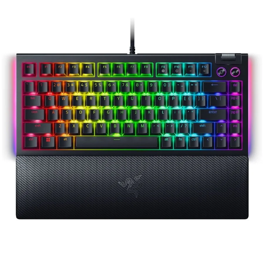 Razer BlackWidow V4 75%, Gaming Keyboard, US Layout, Razer Chroma RGB, Hot-swappable Design, Detachable Type C Cable, PCB & Case sound dampening foam, Up to 8,000 Hz polling rate, Doubleshot ABS Keycaps, Magnetic Plush Leatherette