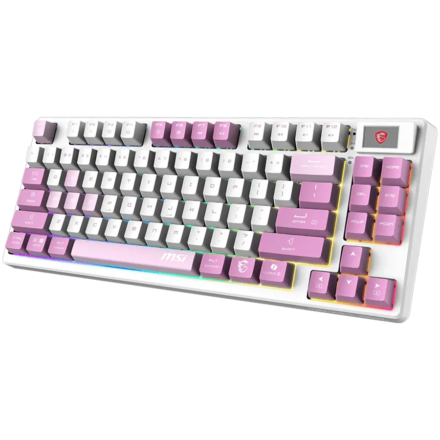 MSI FORGE GK600 TKL WIRELESS VIOLET - Hot-Swappable Mechanical Switches, PBT Keycaps, Sound-Dampening Foam and Gaskets, Integrated Display, RGB LED, 2.4GHz, BT, USB-C MSI FORGE GK600 TKL WIRELESS VIOLET - Hot-Swappable Mechanical Switches, PBT Keycaps, Sound-Dampening Foam and Gaskets, Integrated Display, RGB LED, 2.4GHz, BT, USB-C
