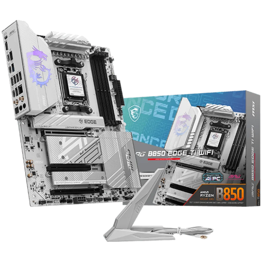 MSI MPG B850 EDGE TI WIFI, ATX, Socket AM5, 4x DDR5 Dual Channel DDR5 up to 8400(OC)MHz, 3x PCIe 3.0 x16 slot, 4x M.2 slot, 4x USB 2.0, 1x USB 5Gbps, 2x USB 10Gbps, 3x USB 10Gbps Type-C, HDMI, 7.1 HD Audio, 5G LAN, WiFI 7, BT, 3Y