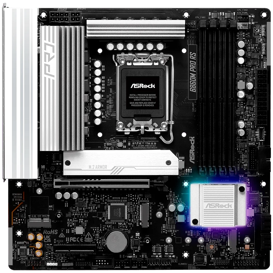 ASROCK MB Desktop B860M Pro Rs, S.1851, 4x DDR5, 1x PCIe 5.0 x16, 1x PCIe 4.0 x4, 1x Blazing M.2, 2x Hyper M.2, 4x SATA3, 2x USB-C, 7x USB 3.2, 6x USB 2.0, 1x RJ-45 2.5GB Lan, 1x HDMI, 1x DP 1.4, mATX