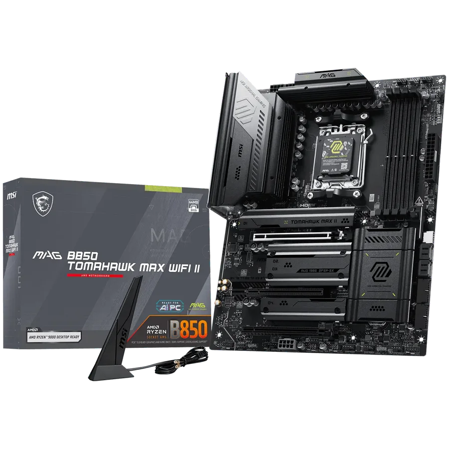 MSI MAG B850 TOMAHAWK MAX WIFI II, ATX, Socket AM5, 4x DDR5 Dual Channel DDR5 up to 8400(OC)MHz, 3x PCIe 3.0 x16 slot, 4x M.2 slot, 4x USB 2.0, 1x USB 5Gbps, 2x USB 10Gbps, 3x USB 10Gbps Type-C, HDMI, 7.1 HD Audio, 5G LAN, WiFI 7, BT, 3Y
