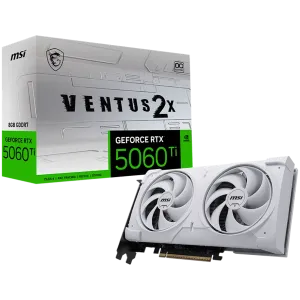 MSI Video Card NVIDIA GeForce RTX 5060 Ti 8G VENTUS 2X OC WHITE PLUS, 8GB GDDR7, 128-bit, 2617 MHz Boost, 4608 CUDA Cores, PCIe 5.0 (x8), 3x DP 2.1b, HDMI 2.1b, RAY TRACING, Dual Fan, 180W TDP, 8-pin PCIe Power, G-SYNC, 2-Slot, 3Y