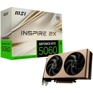 MSI Video Card NVIDIA GeForce RTX 5060 8G INSPIRE 2X OC, 8GB GDDR7, 128-bit, 2535 MHz Boost, 3840 CUDA Cores, PCIe 5.0 (x8), 3x DP 2.1b, HDMI 2.1b, RAY TRACING, Dual Fan, 145W TDP, 8-pin PCIe Power, G-SYNC, 2-Slot, 3Y