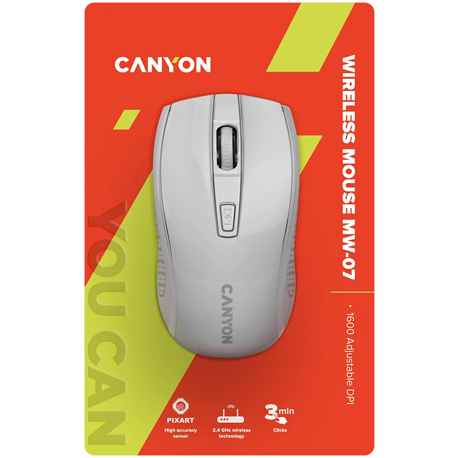 CANYON MW-7, 2.4Ghz wireless mouse, 6 buttons, DPI 800/1200/1600, with 1 AA battery ,size 110*60*37mm,58g,white CANYON MW-7, 2.4Ghz wireless mouse, 6 buttons, DPI 800/1200/1600, with 1 AA battery ,size 110*60*37mm,58g,white