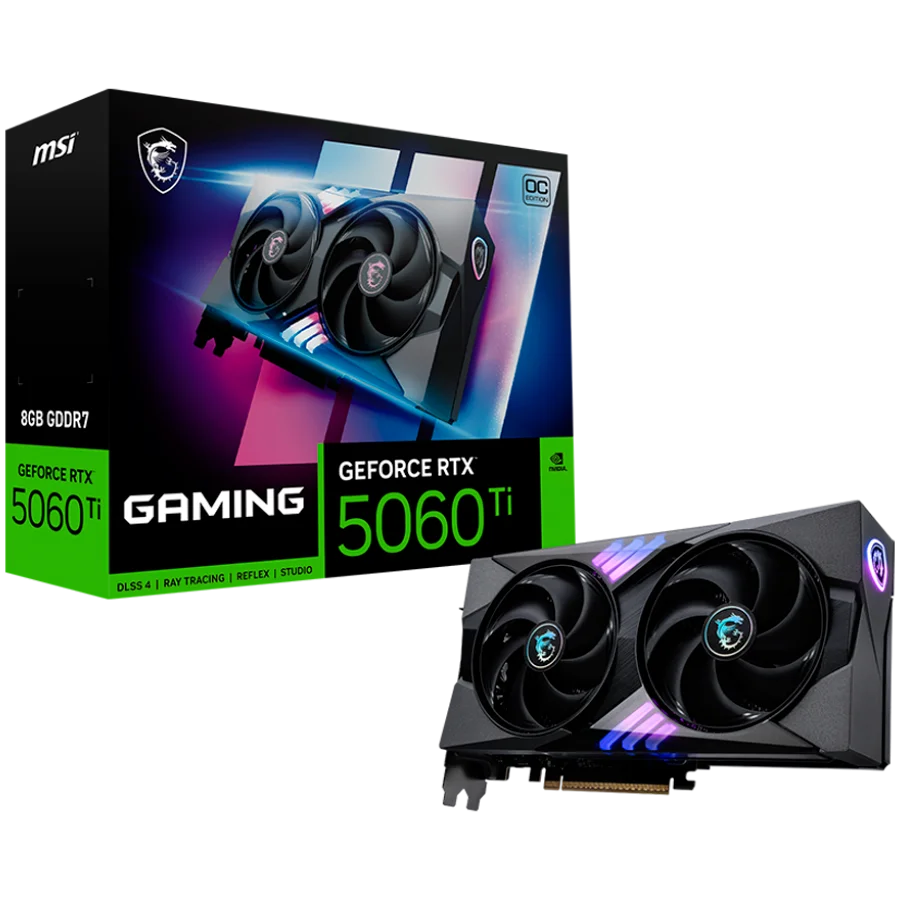 MSI Video Card Nvidia GeForce RTX 5060 Ti 8G GAMING OC, 8GB GDDR7, 128bit, Effective Memory Clock: 28000MHz, Boost: 2647 MHz, 4608 CUDA Cores, PCIe 5.0, 3x DP 2.1b, HDMI 2.1b, RAY TRACING, Dual Fan, 1x16pin, 600W Recommended PSU, 3Y