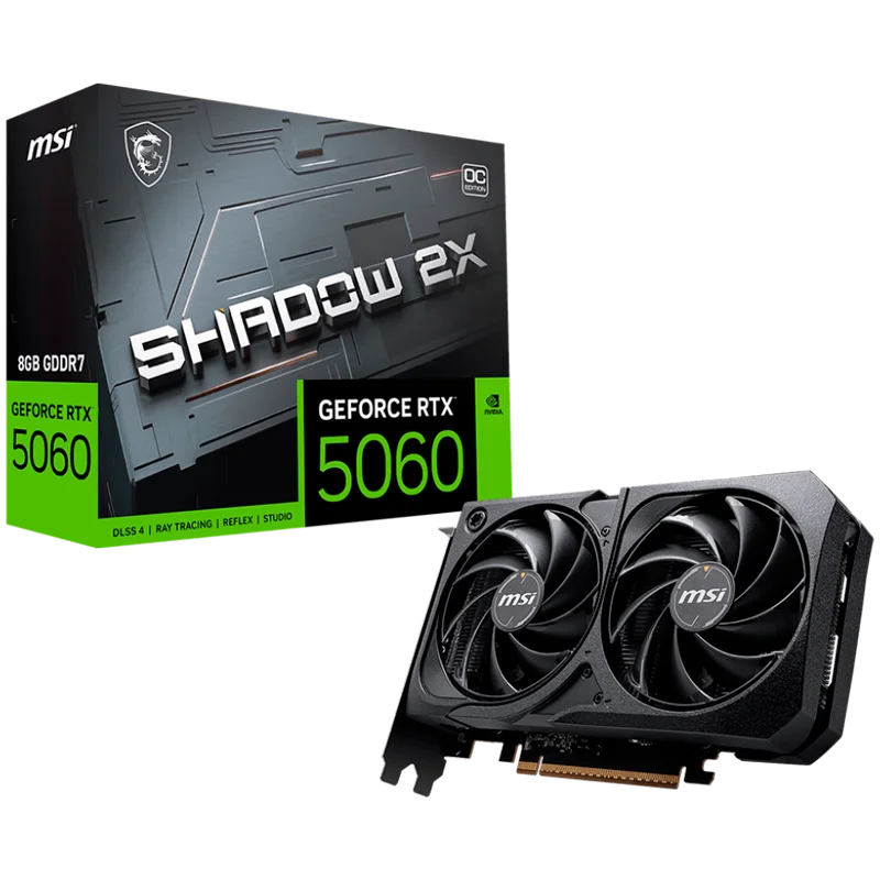 MSI Video Card NVIDIA GeForce RTX 5060 8G SHADOW 2X OC, 8GB GDDR7, 128-bit, 2535 MHz Boost, 3840 CUDA Cores, PCIe 5.0 (x8), 3x DP 2.1b, HDMI 2.1b, RAY TRACING, Dual Fan, 145W TDP, 8-pin PCIe Power, G-SYNC, 2-Slot, 3Y