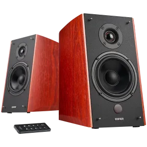 Edifier R2000DB 2.0 Bookshelf Speakers, Bluetooth, 3.5mm to RCA, Optical, 1-inch Tweeters, 5-inch Drivers, 120W (RMS), Control Knobs and Remote Control, Brown