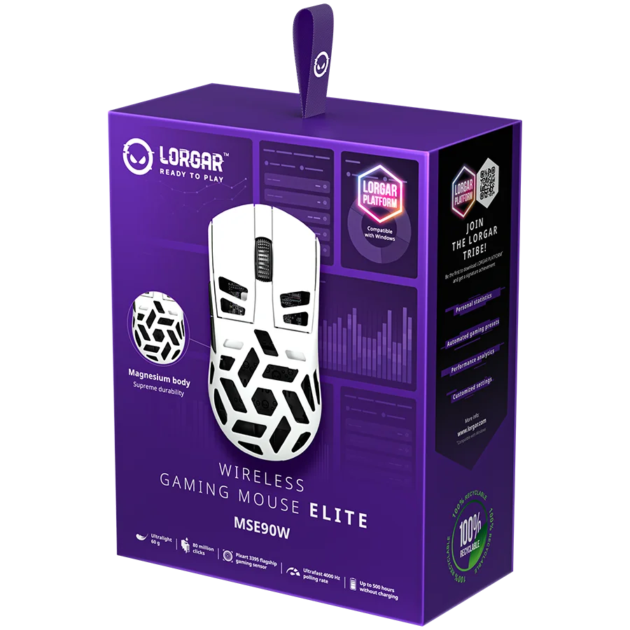 LORGAR MSE90W, Magnesium Alloy Wireless Gaming Mouse Elite, White