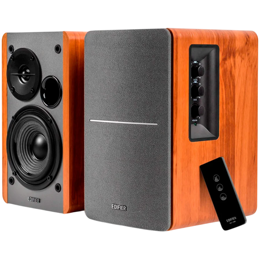 Edifier R1280T 2.0 Bookshelf Speakers, RCA, 0.5-inch Tweeters, 4-inch Drivers, 42W (RMS), Control Knobs and Remote Control, Brown