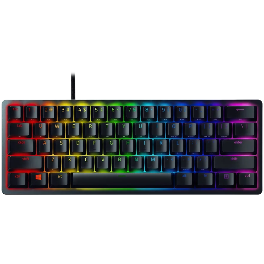 Razer Huntsman Mini - Clicky Optical (Purple Switch) - US - Black, Gaming Keyboard, Razer™ Optical Switches, size 60%, RGB Chroma, Doubleshot PBT Keycaps With Side-Printed Secondary Functions, Standard Bottom Row Layout, Fully programmable keys with on-th