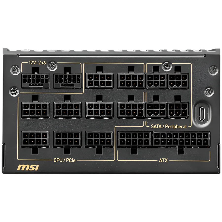 MSI MEG Ai1600T PCIE5 Power Supply 1600W, 80 PLUS Titanium, Dual PCIe 5.1 Cables, ATX 3.1, Software Sync, Mystic Light, 135mm Fan, Fan Stop, OCP/OTP/OPP/SCP/OVP/UVP/SIP/NLO, Interleaved PFC, Braided Cables, Dimensions: 190mmx150mmx86mm, 12Y Warranty