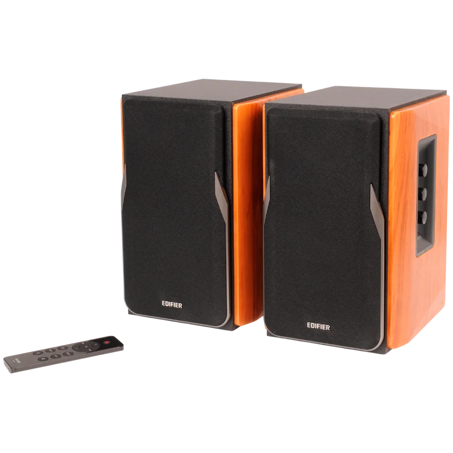Edifier R1380DB 2.0 Bookshelf Speakers, BT V5.1, Optical, Coaxial, RCA, 1-inch Tweeters, 4-inch Drivers, 42W (RMS), Control Knobs and Remote Control, Brown