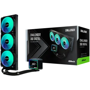 Asrock Challenger 360 Digital, AiO liquid cooler, ARGB, Digital display, 360 mm radiator, AM5, AM4, LGA1851, LGA1700, 90-ACLA36-BAAGA6, Black, 6Y