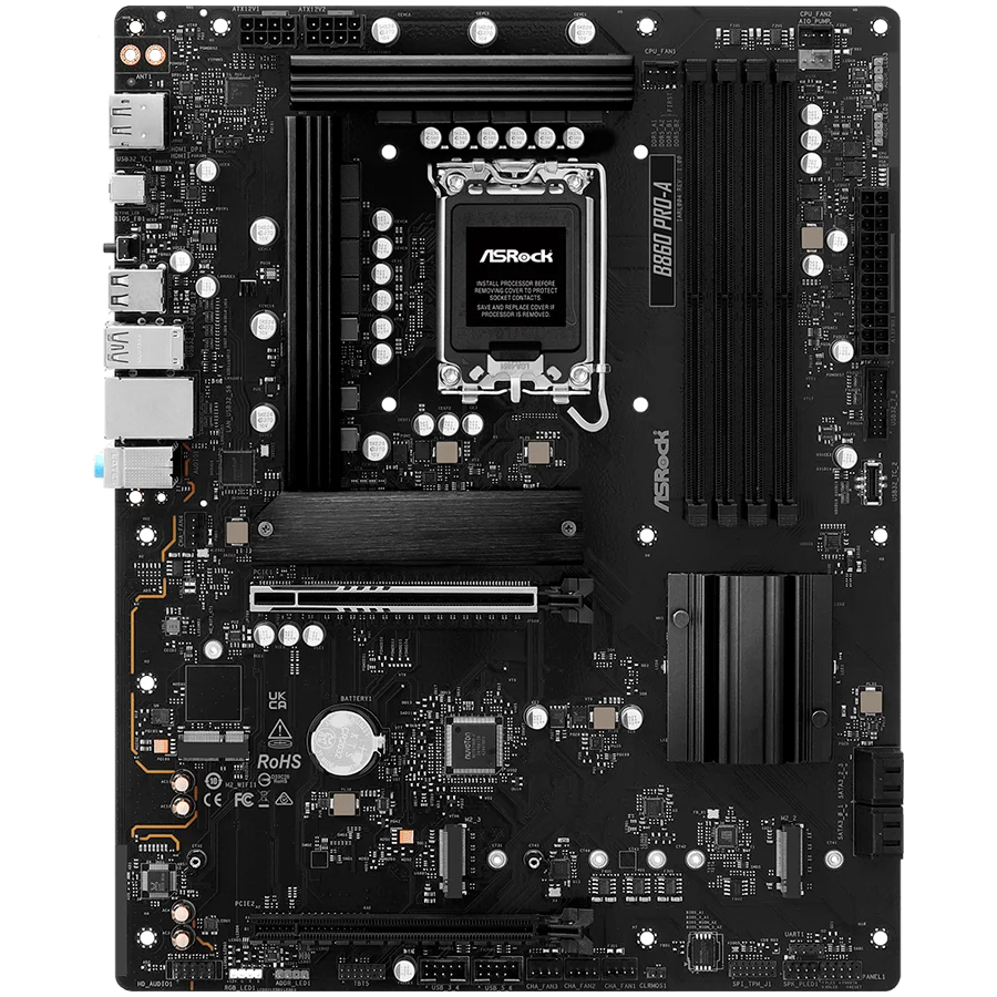 ASROCK MB Desktop B860 PRO-A, S.1851, 4x DDR5, 1x PCIe 5.0 x16, 1x PCIe 4.0 x4, 1x Blazing M.2, 2x Hyper M.2, 4x SATA3, 2x USB-C, 8x USB 3.2, 6x USB 2.0, 1x HDMI, 1x DP, 1x RJ-45 2.5 GB Lan, ATX, 90-MXBRN0-A0UAYZ