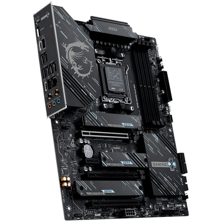 MSI X870E GAMING PLUS WIFI, ATX, Socket AM5, 4x DDR5 Dual Channel DDR5 up to 8200(OC)MHz, 3x PCIe x16 slot, 3x M.2 slot, 4x USB 2.0, 2x USB 5Gbps, 2x USB 10Gbps, 1x 20Gbps Type-C, 1x 40Gbps Type-C, HDMI, 7.1 HD Audio, 5G LAN, WiFI 7, BT, 3Y