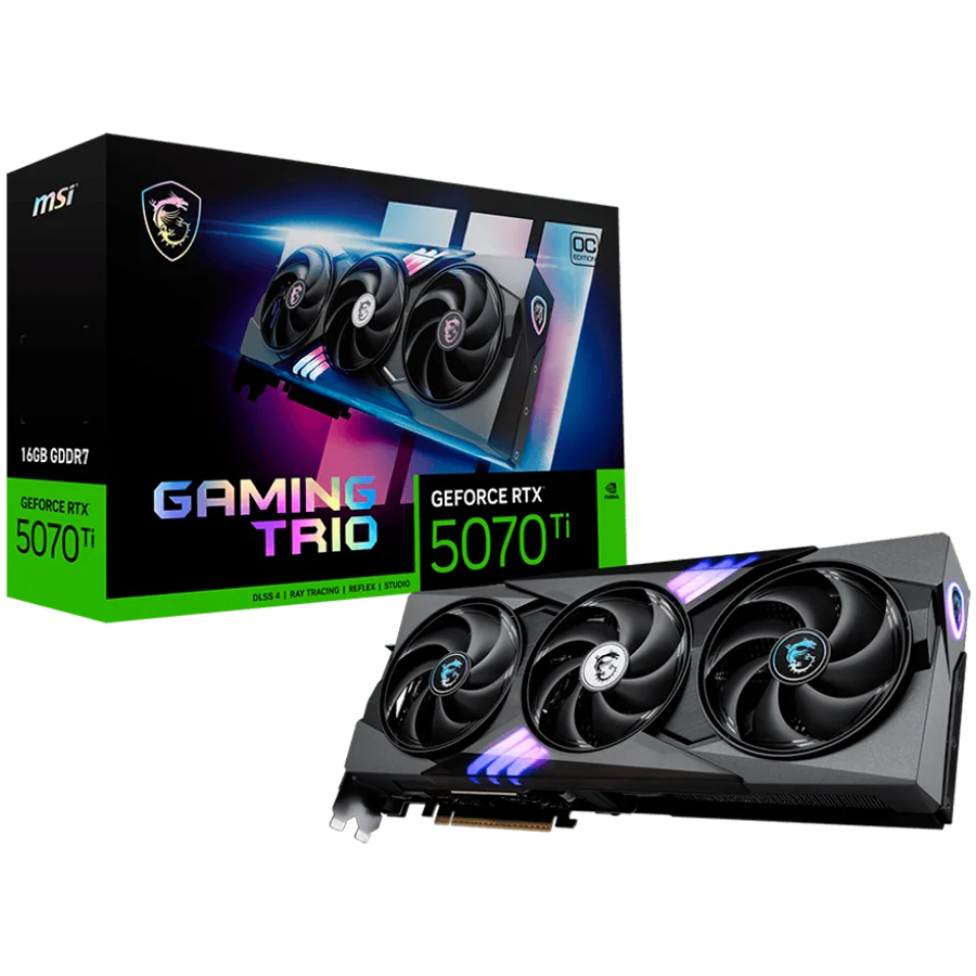 MSI Video Card Nvidia GeForce RTX 5070 TI 16G GAMING TRIO OC, 16GB GDDR7, 256bit, Effective Memory Clock: 28000MHz, Boost: 2580 MHz, 8960 CUDA Cores, PCIe 5.0, 3x DP 2.1b, HDMI 2.1b, Triple Fan, 1x16pin, 750W Recommended PSU, 3Y