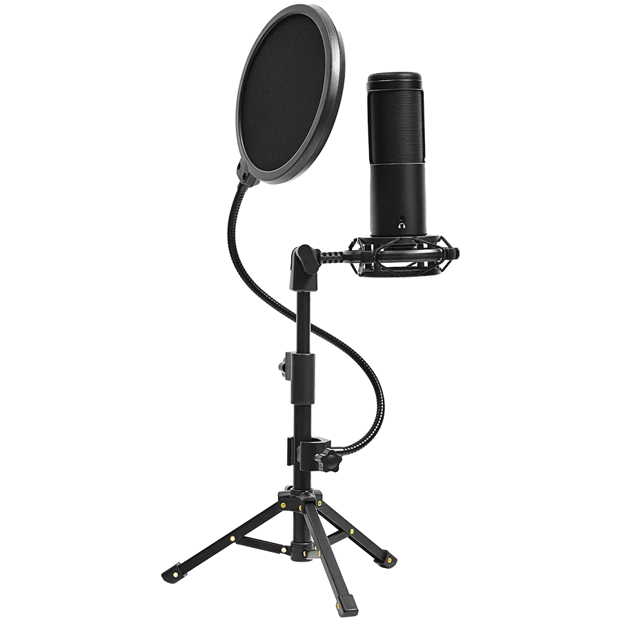 LORGAR Voicer 721, Gaming Microphone, Black, USB condenser microphone with tripod stand, pop filter, including 1 microphone, 1 Height metal tripod, 1 plastic shock mount, 1 windscreen cap, 1,2m metel type-C USB cable, 1 pop filter, 154.6x56.1mm