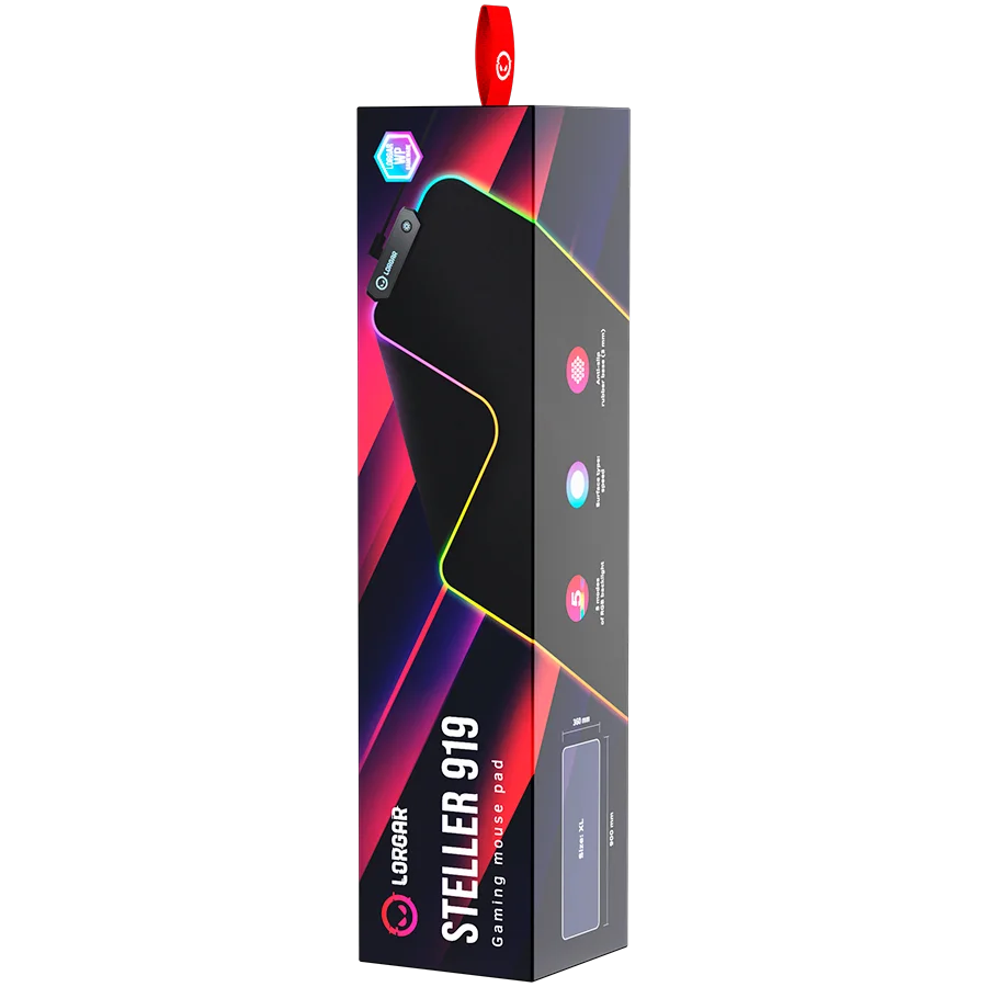 Lorgar Steller 919, Gaming mouse pad, High-speed surface, anti-slip rubber base, RGB backlight, USB connection, Lorgar WP Gameware support, size: 900mm x 360mm x 3mm, weight 0.635kg