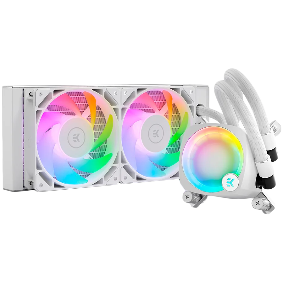 EK-Nucleus AIO CR240 Lux D-RGB - White, 2x EK-FPT FAN 120 D-RGB PWM fans, Rotatable ARGB Pump Top, Intel Sockets LGA: 1150, 1151, 1155, 1156, 1200, 1700, 2011, 2011-3, 2066, AMD Sockets: AM4, AM5, 5 Year Warranty