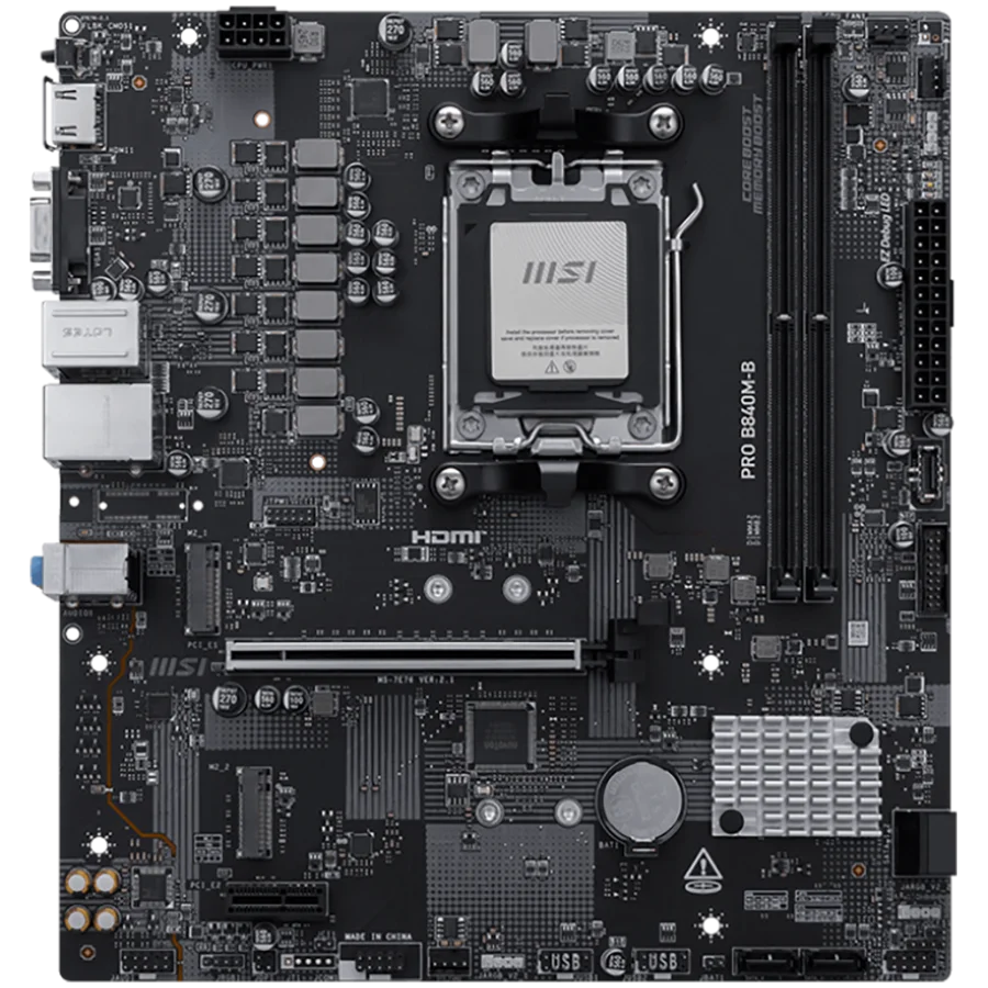 MSI PRO B840M-B, mATX, Socket AM5, 2x DDR5 Dual Channel DDR5 up to 8000(OC)MHz, 1x PCIe x16 slot, 2x M.2 slot, 2x USB 2.0, 4x USB 5Gbps, HDMI, VGA, 7.1 HD Audio, 2.5G LAN, 3Y