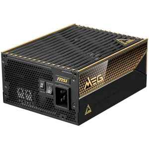 MSI MEG Ai1600T PCIE5 Power Supply 1600W, 80 PLUS Titanium, Dual PCIe 5.1 Cables, ATX 3.1, Software Sync, Mystic Light, 135mm Fan, Fan Stop, OCP/OTP/OPP/SCP/OVP/UVP/SIP/NLO, Interleaved PFC, Braided Cables, Dimensions: 190mmx150mmx86mm, 12Y Warranty